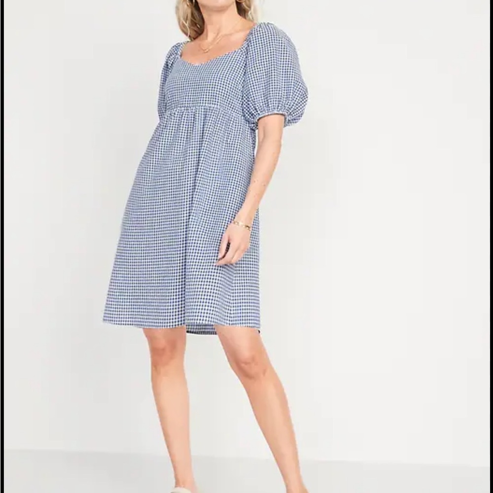 Old Navy Blue Checkered Midi Dress with Puff Sleeves